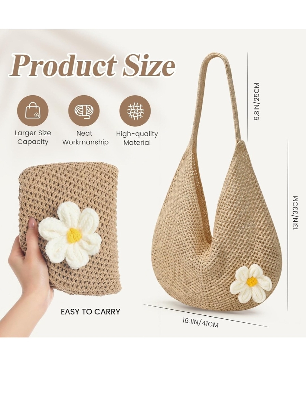 Beige Crochet Daisy-Accent Shoulder Bag - Picture 4 of 6
